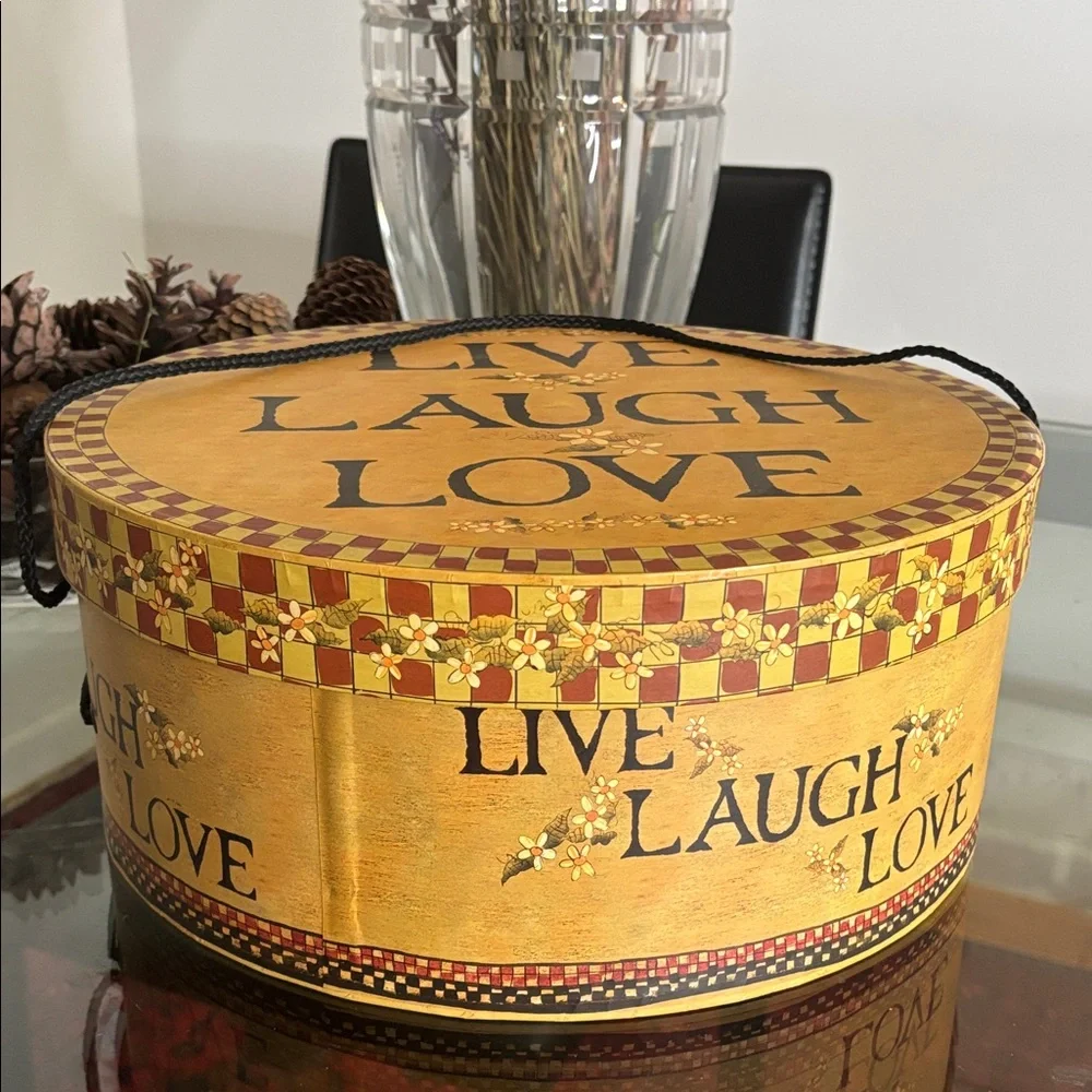 Round hat Storage Box “Live Laugh Love” Design – Yellow, Red & Black – 2005